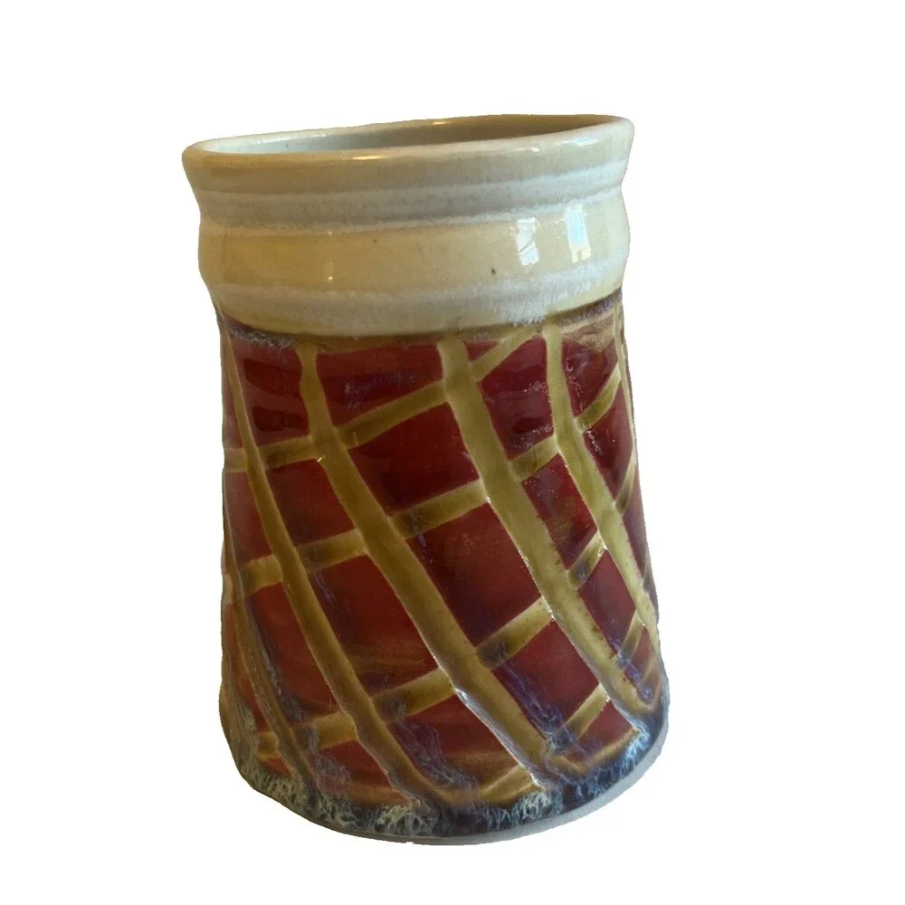 Stoneware Beer Tankard Coffee Mug Red Beige Check Pattern Art Pottery Signed